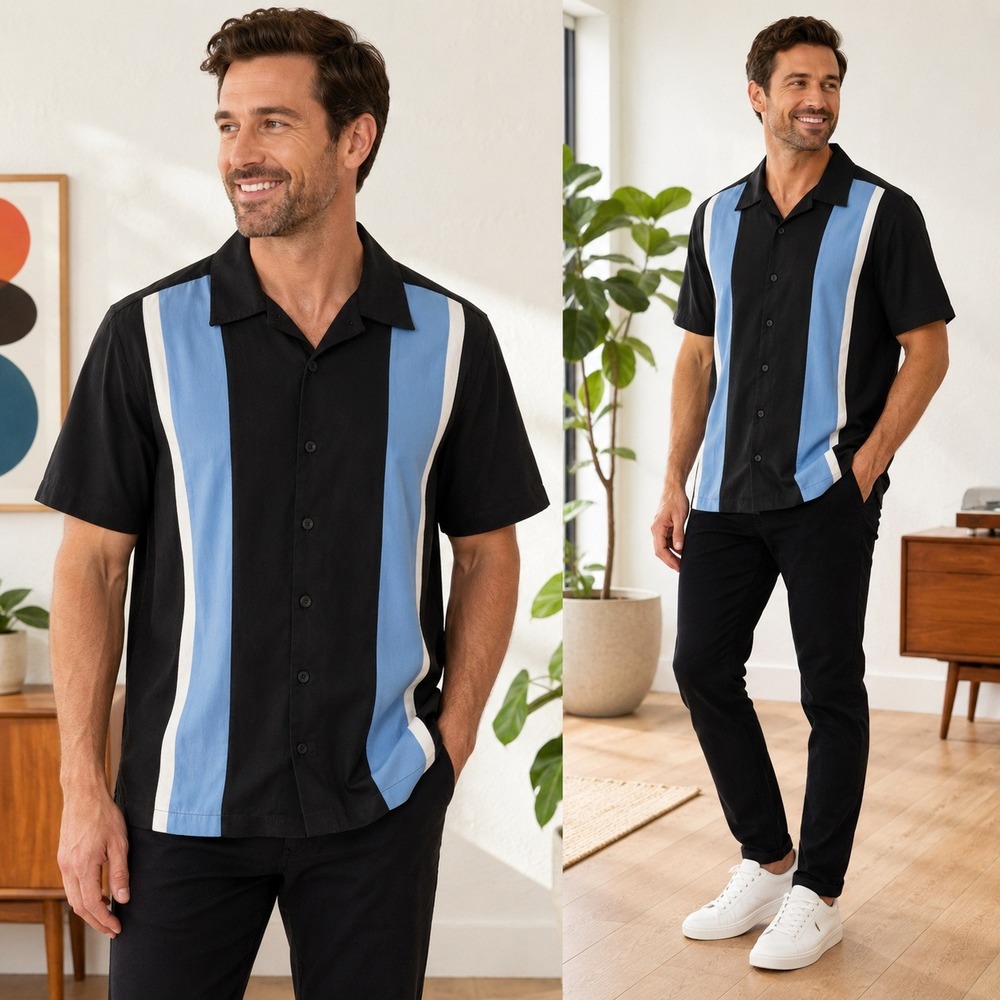 Charlie Harper Bowling Shirt Black Blue Retro Rockabilly Camp Collar Striped L